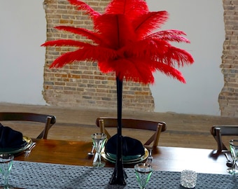 RED Ostrich Feather Centerpiece Sets with BLACK Eiffel Tower Vase - For Great Gatsby Party, Special Event & Wedding Reception Decor ZUCKER®