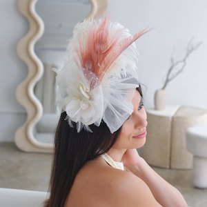 Ivory and Rose Vintage Inspired Feather Fascinator with Tulle Bow & Flower For Weddings, Special Events, Derby and Costume Parties ZUCKER®