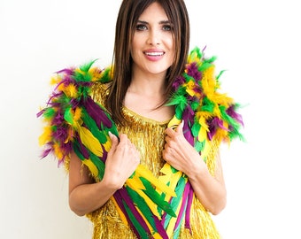 Mardi Gras Over the Shoulder Feather Angel Wing, Feather Epaulette & Halloween Costume, Green Purple Gold Feather Accessory ZUCKER®