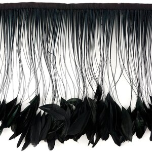 May include: Black feather fringe trim with a black satin header. The fringe features long, thin, and wispy feathers, with larger, more solid feathers at the base. This trim is suitable for various craft and design projects.