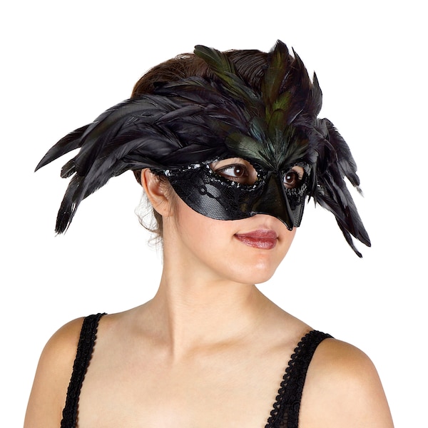 Black Feather Costume Mask for Crow, Blackbird, Raven, Halloween Costume and Masquerade Feather Mask for Men, Women & Children ZUCKER®