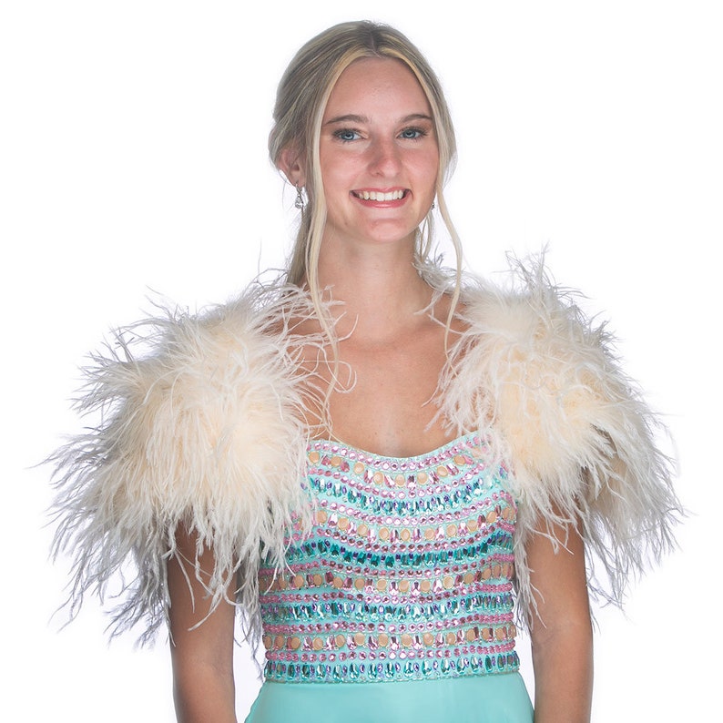 May include: A white feather boa shawl with a light blue and pink sequined bodice.