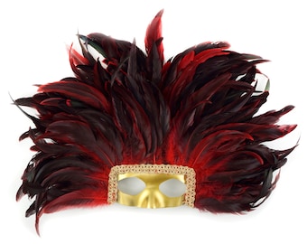 RED Feather Headdress with Gold Removable Masquerade Mask -  Cultural Dance, Carnival and Halloween Costume Feather Headdress ZUCKER®