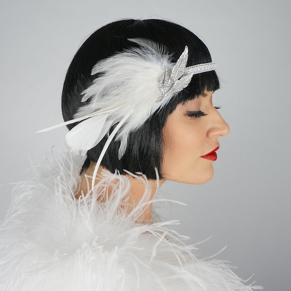 White Feather Headband W/rhinestone Leaf for Great Gatsby 