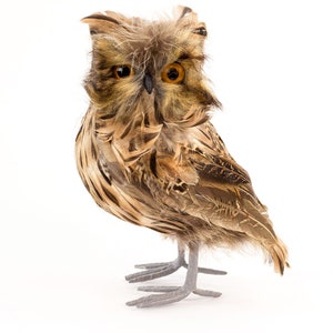 Peut inclure: Une figurine de hibou en plumes brunes et beiges avec de grands yeux jaunes. Le hibou est debout sur deux pieds gris à trois doigts chacun.