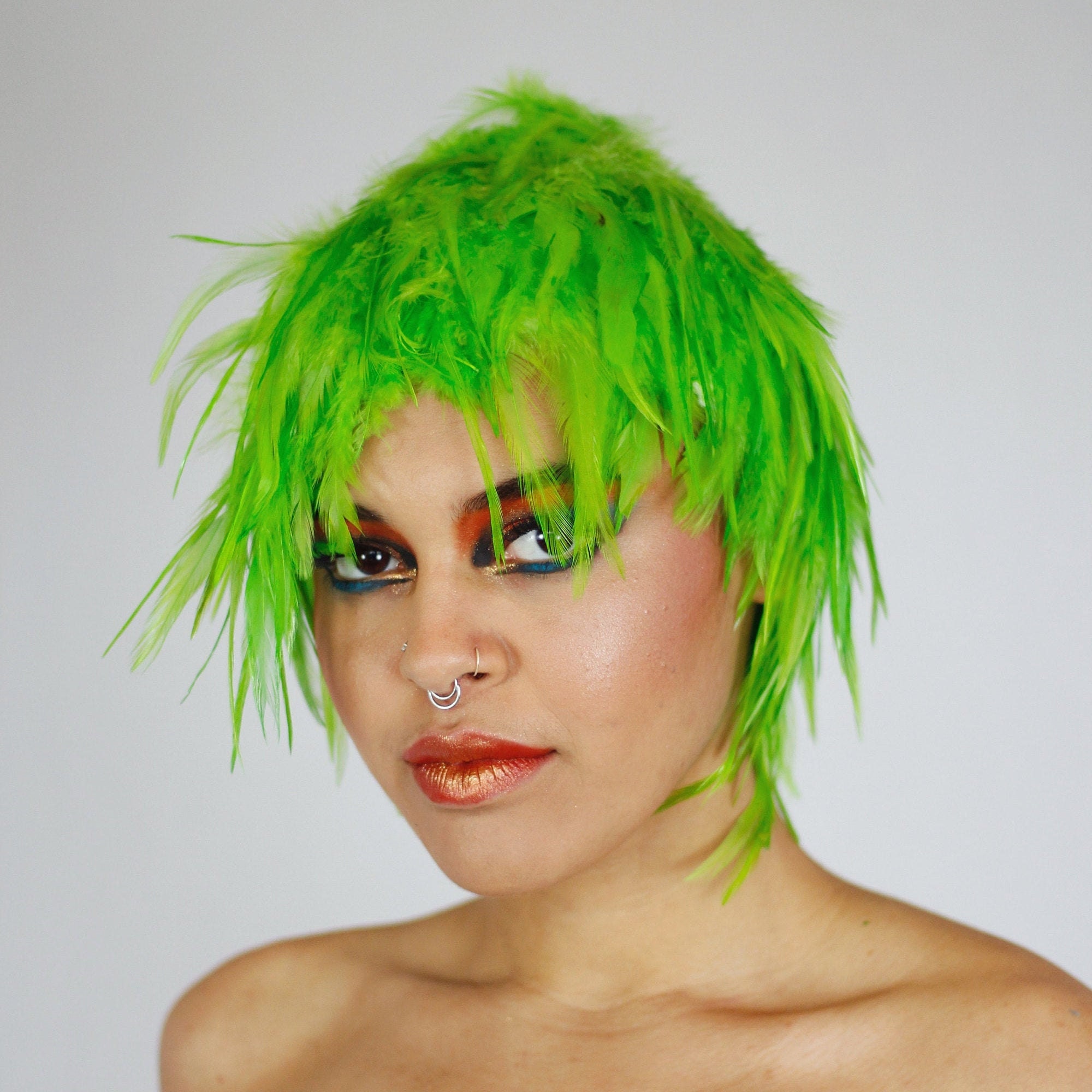 Lime Green Feather Wig, Dyed Rooster Hackle Wig, Costume Feather Wig