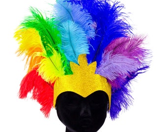 Bright Rainbow Upcycled Ostrich Feather Headdress for Carnival, PRIDE, Halloween or Cosplay Costume ZUCKER®