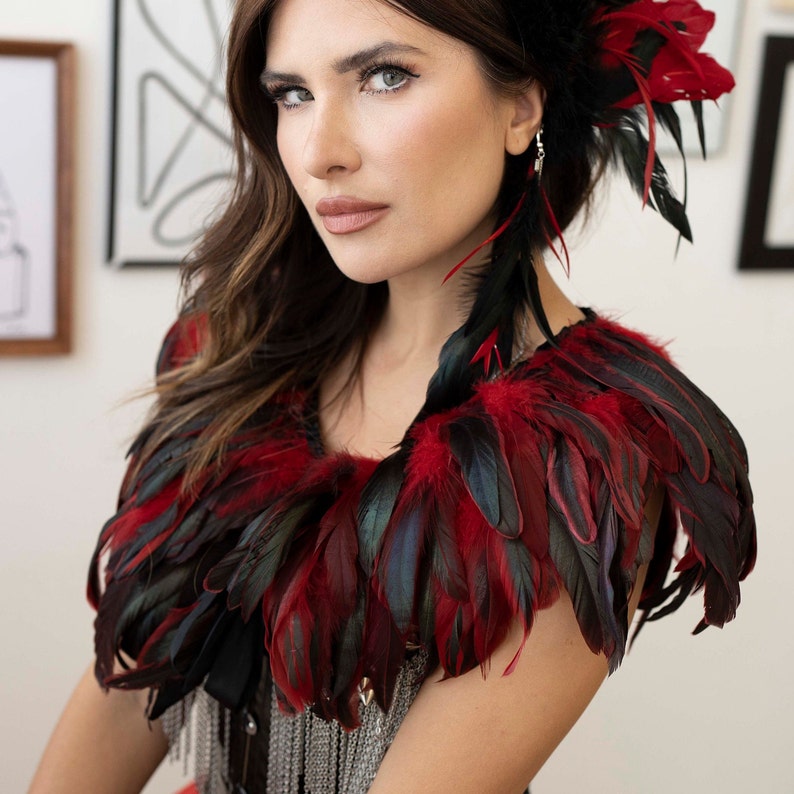 RED Feather Collar W/Satin Ribbon Ties  Festival Wear image 1