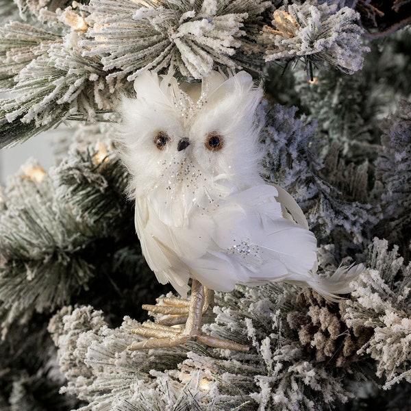 Adorable Decorative White Snow Owl Bird Ornament with Opal Glitter, Decorative White Owl Feather Ornament, Christmas Tree Ornament ZUCKER®