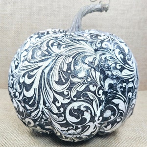 Decoupage Pumpkin - Black & White Pumpkin - Halloween Decor - Autumn Decor - Black and White Swirl Design Pumpkin - Black and White Decor -