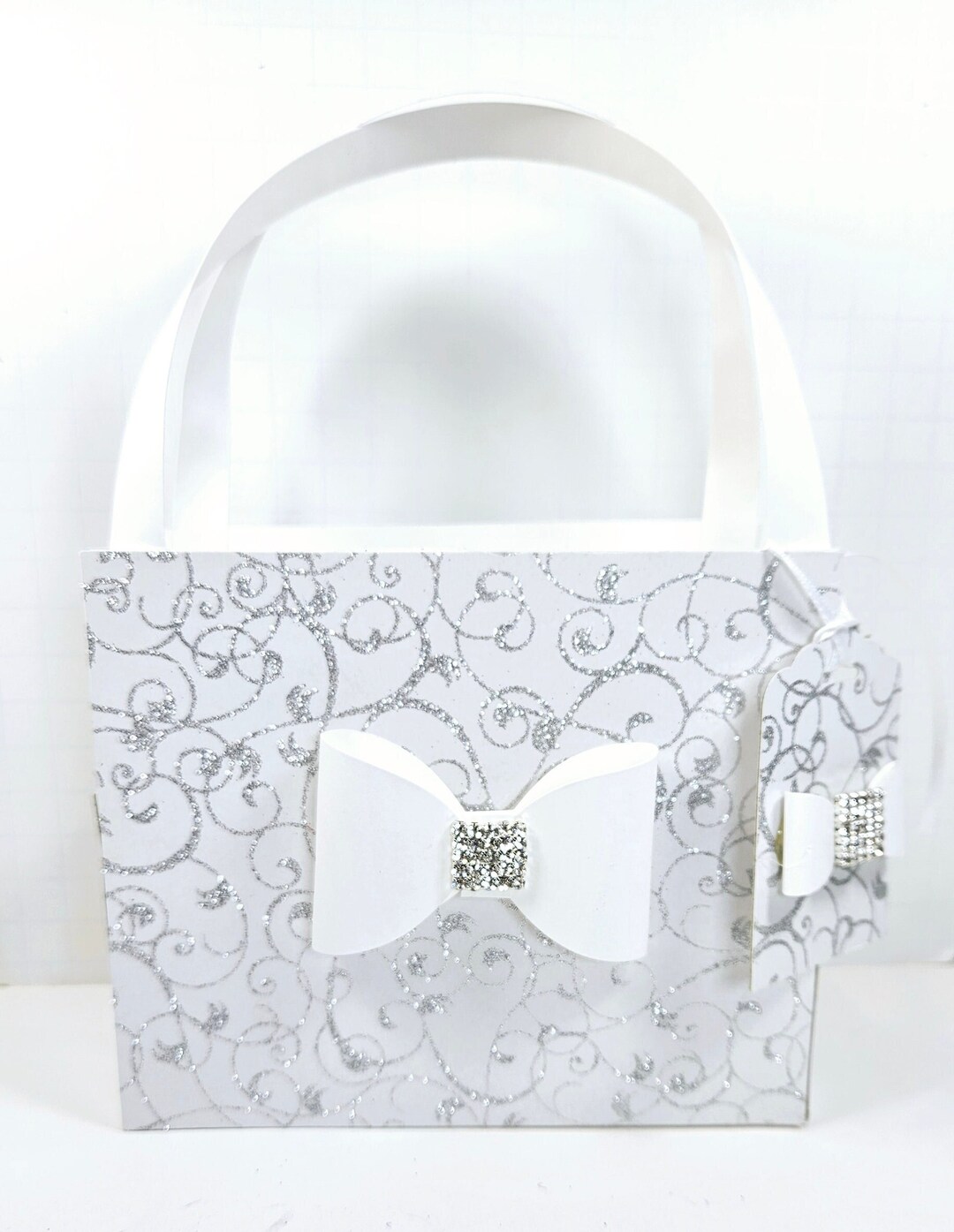 Paper Purse Gift Bag White and Silver Scroll Gift Bag Paper Purse