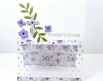 Congratulations Card - Religious Congratulations -Blank Card - Floral Congrats Card -Handmade Congratulations Card - Silver Cross - Wax Seal