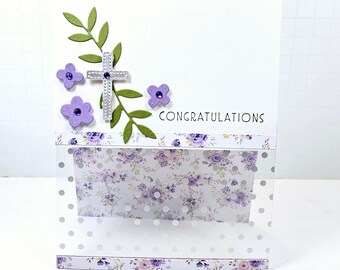 Congratulations Card - Religious Congratulations -Blank Card - Floral Congrats Card -Handmade Congratulations Card - Silver Cross - Wax Seal