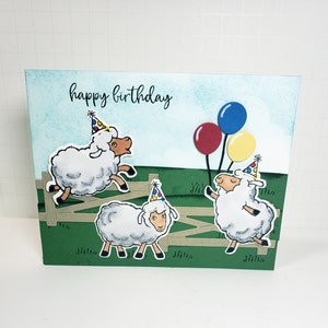 Birthday Card - Happy Birthday Greeting - Sheep -Birthday Sheep -Party Sheep Birthday Card - Handmade Birthday Card -Birthday Hats -Balloons