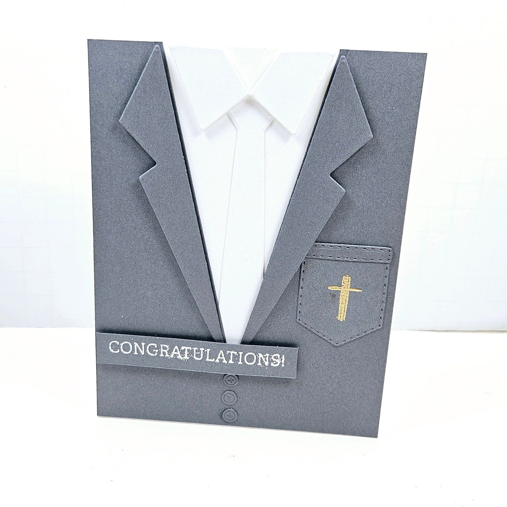 Religious Event Card - Communion Card - First Communion - Confirmation Greeting Card - Masculine Card- Gray Suit - Cross - Congratulations