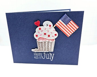 4th of July Greeting Card - Happy 4th of July - Handmade 4th of July Card - Independence Day Greeting - Blank Card - Cupcake - American Flag