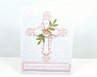Religious Greeting - Religious Event - Religious Card - Floral Card - Rose Bud - Cross Feminine Religious Card - Handmade - Catholic Event