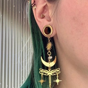 Dragonfly Queen Dangles Gold Steel Ear Plugs Gauges Tunnels Quartz Star and Moon Dangle Earrings 2g 0g 00g 1/2&quot; 9/16&quot; 5/8&quot; PINK ALIEN BABE