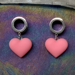 Cutie Hearts Pastel Pink Heart Dangles Silver Steel Ear Plugs Gauges Tunnels Dangle Earrings Size 2g 0g 00g 1/2" 9/16" 5/8" PINK ALIEN BABE