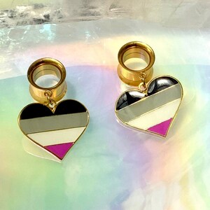May include: A pair of gold-colored ear gauges with heart-shaped charms. The charms feature the asexual pride flag colors: black, gray, white, and magenta. The gauges are displayed on a reflective, iridescent surface.