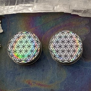 Holo Flower of Life Ear Plugs Gauges Tunnels Holographic Sacred Geometry Earrings 2g 0g 00g 1/2" 9/16" 5/8" 11/16" 3/4" 7/8" 1" 28mm 30mm