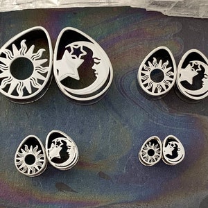 Sun Moon and Stars Mismatched Teardrop Silver Steel Ear Plugs Gauges Tunnels Whimsigoth Drops Drop 0g 00g 1/2" 9/16" 5/8" 3/4" 7/8" 1"