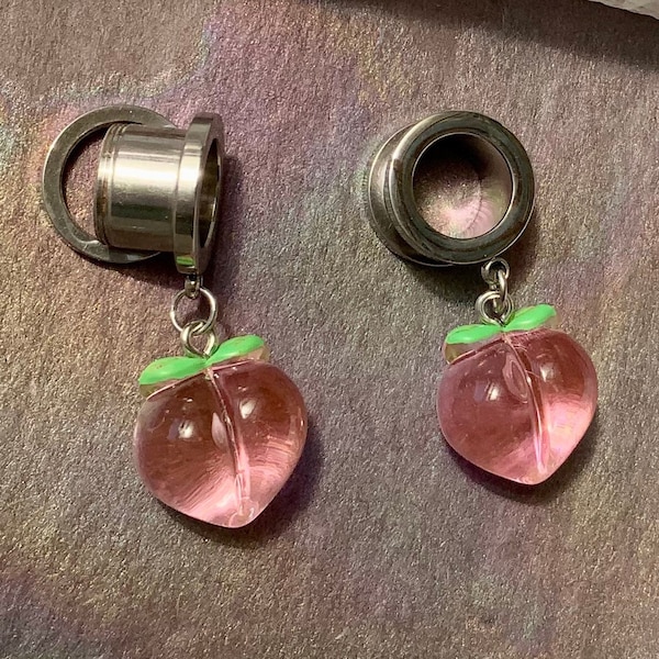 Juicy Peach Dangle Gauges Earrings Silver Steel Stretched Ear Plugs Tunnels Dangles Peaches Emoji Fruit 2g 0g 00g 1/2" 9/16" 5/8" ALIEN BABE