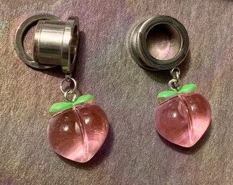 Juicy Peach Dangle Gauges Earrings Silver Steel Stretched Ear Plugs Tunnels Dangles Peaches Emoji Fruit 2g 0g 00g 1/2" 9/16" 5/8" ALIEN BABE