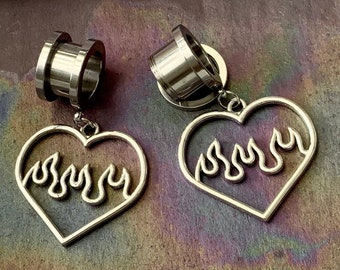 Flaming Love Dangle Earrings Silver Flame Hearts Fire Heart Steel Stretched Ear Plugs  Tunnels Dangles 2g 0g 00g 1/2" 9/16" 5/8" ALIEN BABE