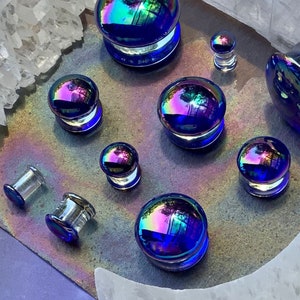 Blue Avian Glass Ear Plugs Iridescent Gauges Tunnels Color Shift Purple Earrings Double Flare 2g 0g 00g 1/2" 9/16" 5/8" 3/4" 7/8" 1" ALIEN