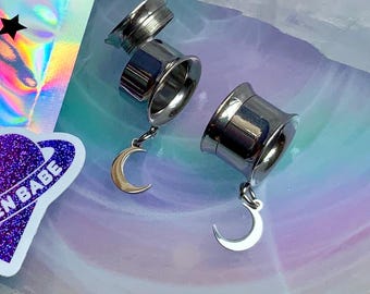 Brightest Crescent Moons Dangle Gauges Silver Steel Ear Plugs Tunnels Small Little Moon Earrings Waxing Waning 2g 0g 00g 1/2" 5/8" 7/8" 1"
