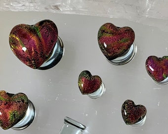Rhipheus Hearts Glass Rainbow Multicolor Ear Plugs Gauges Tunnels Iridescent Dichroic Holographic 2g 0g 00g 1/2" 9/16" 5/8" PINK ALIEN BABE