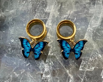 Blue Morpho Butterfly Dangle Earrings Gold Steel Stretched Ear Plugs Gauges Tunnels Dangles Butterflies 2g 0g 00g 1/2" 9/16" 5/8" ALIEN BABE