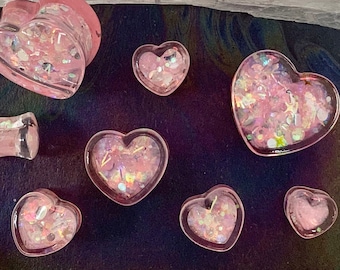Beauty Love Heart Pastel Pink Glitter Shaped Ear Plugs Gauges Tunnels Earring Hearts 2g 0g 00g 1/2" 9/16" 5/8" 11/16" 3/4" 7/8" 1" 28mm 30mm