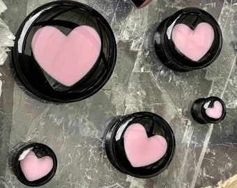 Up to 2" Aphrodite Inner Love Baby Pink Black Heart Ear Plugs Gauges Extra Big Sizes 2g 0g 00g 1/2" 9/16" 5/8" 7/8" 1" 30mm 40mm 44mm 50mm