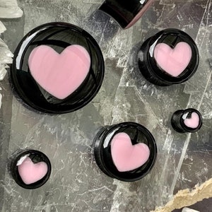 Up to 2" Aphrodite Inner Love Baby Pink Black Heart Ear Plugs Gauges Extra Big Sizes 2g 0g 00g 1/2" 9/16" 5/8" 7/8" 1" 30mm 40mm 44mm 50mm