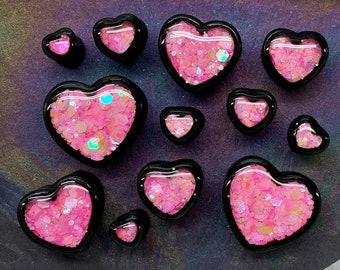 Up to 2” Venusian Pink Black Love Heart Pastel Glitter Ear Plugs Gauges Hearts 2g 0g 00g 1/2" 9/16" 5/8" 7/8" 1" 28mm 30mm 38mm 45mm 50mm