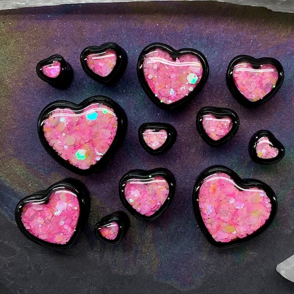 Up to 2” Venusian Pink Black Love Heart Pastel Glitter Ear Plugs Gauges Hearts 2g 0g 00g 1/2" 9/16" 5/8" 7/8" 1" 28mm 30mm 38mm 45mm 50mm
