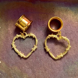 Getaway Gold Barbed Wire Heart Dangle Earrings Hearts Steel Stretched Ear Plugs Gauges Tunnels Dangles 2g 0g 00g 1/2&quot; 9/16&quot; 5/8&quot; ALIEN BABE