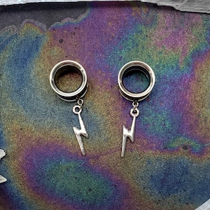 Bright Lightning Dangles Silver Steel Ear Plugs Gauges Tunnels Bolt Bowie Dangle Earrings, Size 2g 0g 00g 1/2" 9/16" 5/8" by PINK ALIEN BABE