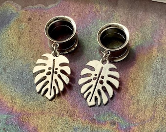 Bright Monstera Leaf Silver Steel Ear Plugs Gauges Tunnels Plant Lover Gift Tropical Leaves Dangle Earrings 2g 0g 00g 1/2" 9/16" 5/8" ALIEN