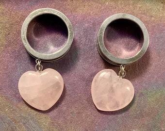 Rose Quartz Adoring Dangle Gauges Heart Shaped Stone Silver Steel Ear Plugs Tunnels Pink Crystal 2g 0g 00g 1/2" 9/16" 5/8" ALIEN BABE
