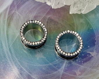 Brightest Bling CZ Silver Steel Ear Plugs Gauges Tunnels Pair Sparkle Gem Crystal Rim Goth Earrings 8g 6g 4g 2g 0g 00g 1/2" 9/16" 5/8" ALIEN