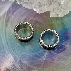 Brightest Bling CZ Silver Steel Ear Plugs Gauges Tunnels Pair Sparkle Gem Crystal Rim Goth Earrings 8g 6g 4g 2g 0g 00g 1/2" 9/16" 5/8" ALIEN