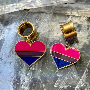 May include: Two gold heart-shaped plugs with a pink, blue, and black striped design. The plugs are on a white and gray background.