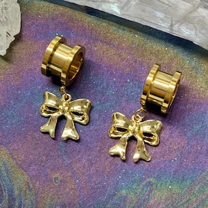 Aphrodite Golden Bow Dangles Gold Steel Ear Plugs Gauges Tunnels Coquette Bows Dangle Earrings, 2g 0g 00g 1/2&quot; 9/16&quot; 5/8&quot; by PINK ALIEN BABE