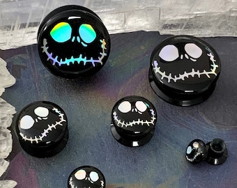 Holo Jack Skellington Halloween Ear Plugs Gauges Tunnels Holographic Skeleton Face 2g 0g 00g 1/2" 9/16" 5/8" 11/16" 3/4" 7/8" 1" 28mm 30mm