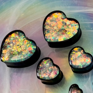 Saturnian Iridescent Black Love Heart Holographic Glitter Hearts Ear Plugs Gauges 2g 0g 00g 1/2" 9/16" 5/8" 11/16" 3/4" 7/8" 1" 28mm 30mm