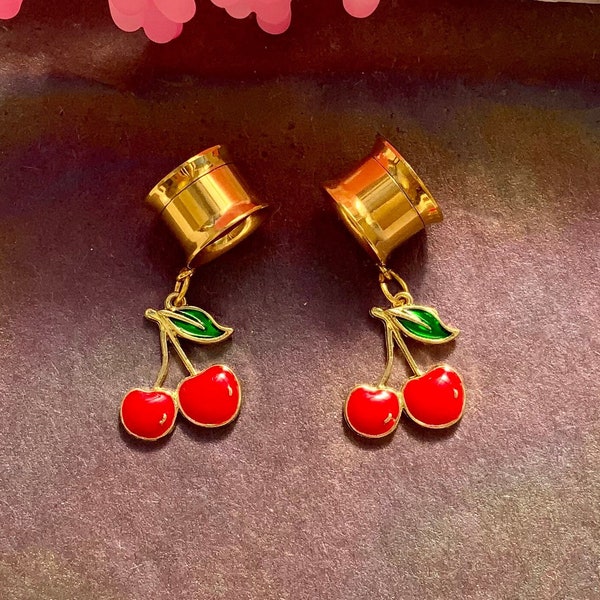 Taste For The Cherry Dangle Gauges Gold Steel Ear Plugs Tunnels Red Cherries Fruit Dangles Earrings 2g 0g 00g 1/2" 9/16" 5/8" ALIEN BABE