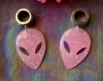 Pink Alien Babe Dangles Silver Steel Ear Plugs Gauges Tunnels Dangle Outer Space Glitter Et Head Face Earrings 2g 0g 00g 1/2" 9/16" 5/8"
